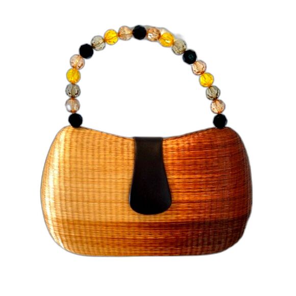 Le SAC Handbag Woven Palm Straw Hardshell Natural to Rust Ombre' Beaded Handle - Picture 1 of 6